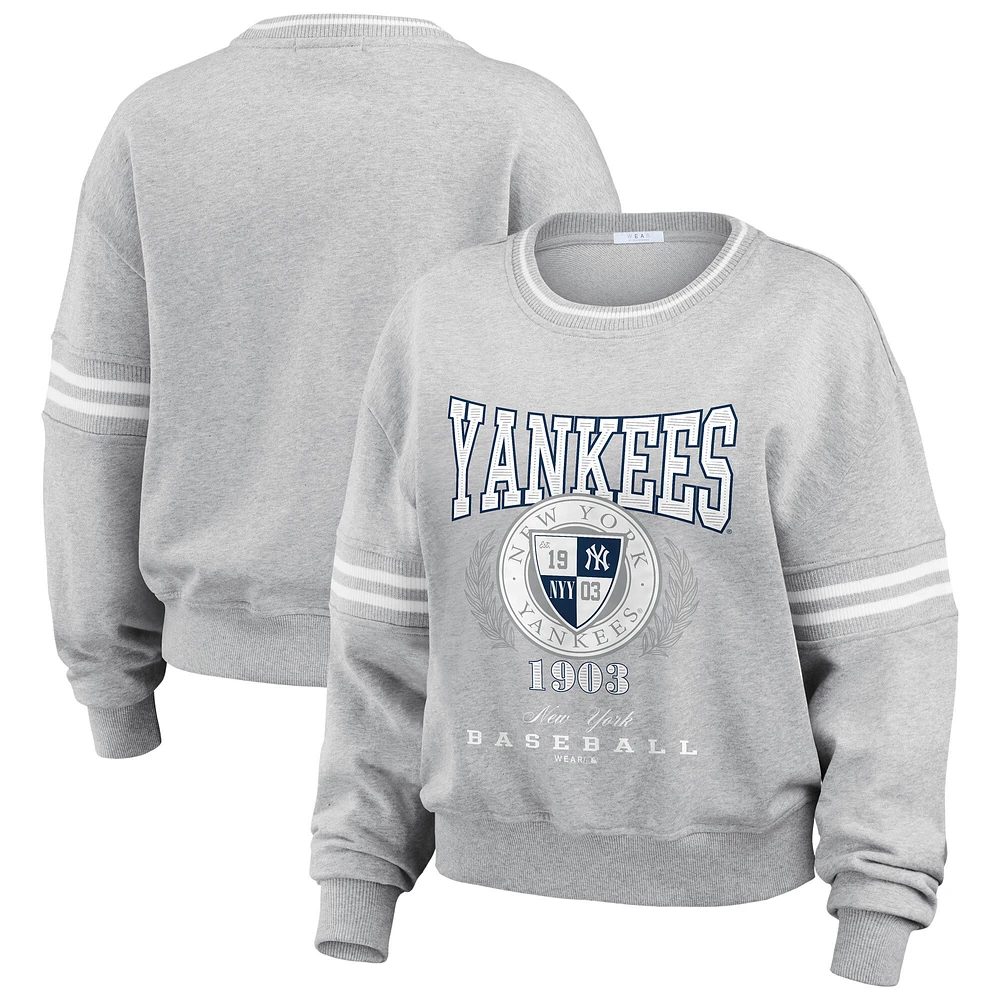 Women's WEAR by Erin Andrews Heather Gray New York Yankees Domestic Crest Pullover Sweatshirt