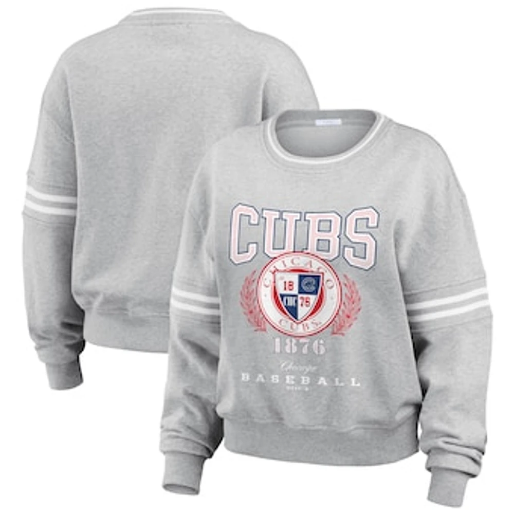 Women's WEAR by Erin Andrews Heather Gray Chicago Cubs Domestic Crest Pullover Sweatshirt