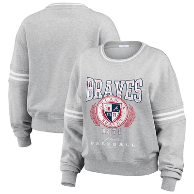 Women's WEAR by Erin Andrews Heather Gray Atlanta Braves Domestic Crest Pullover Sweatshirt