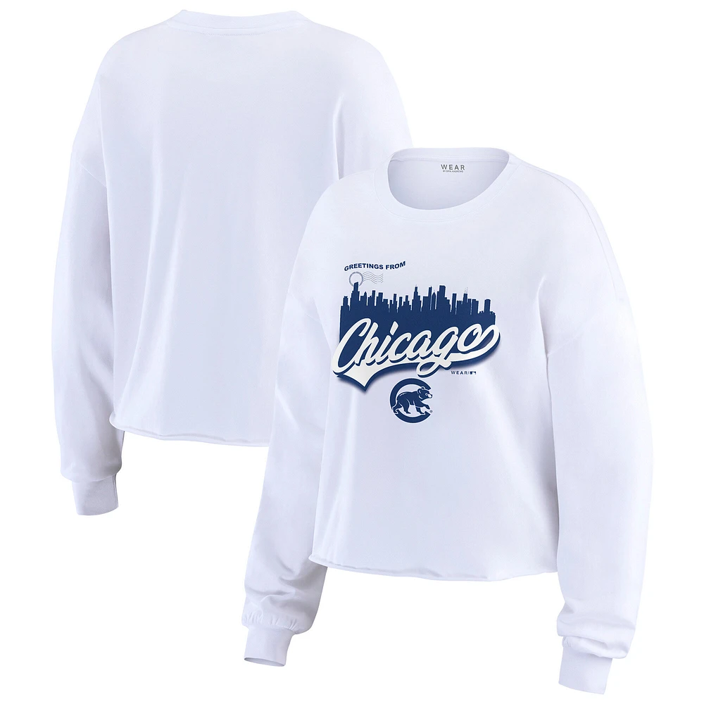 Women's WEAR by Erin Andrews White Chicago Cubs Domestic Postcard Long Sleeve T-Shirt