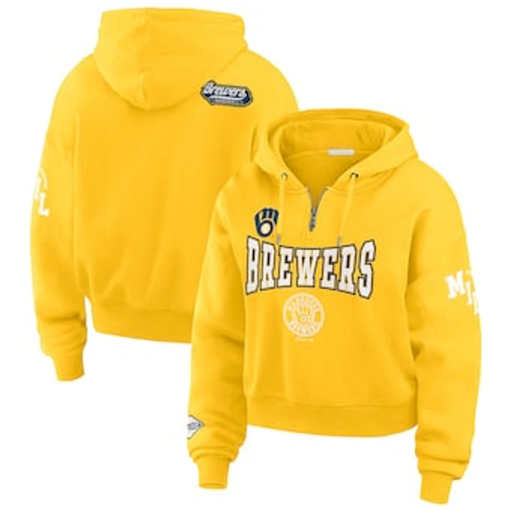 Women's WEAR by Erin Andrews Gold Milwaukee Brewers  Patch Quarter-Zip Hoodie