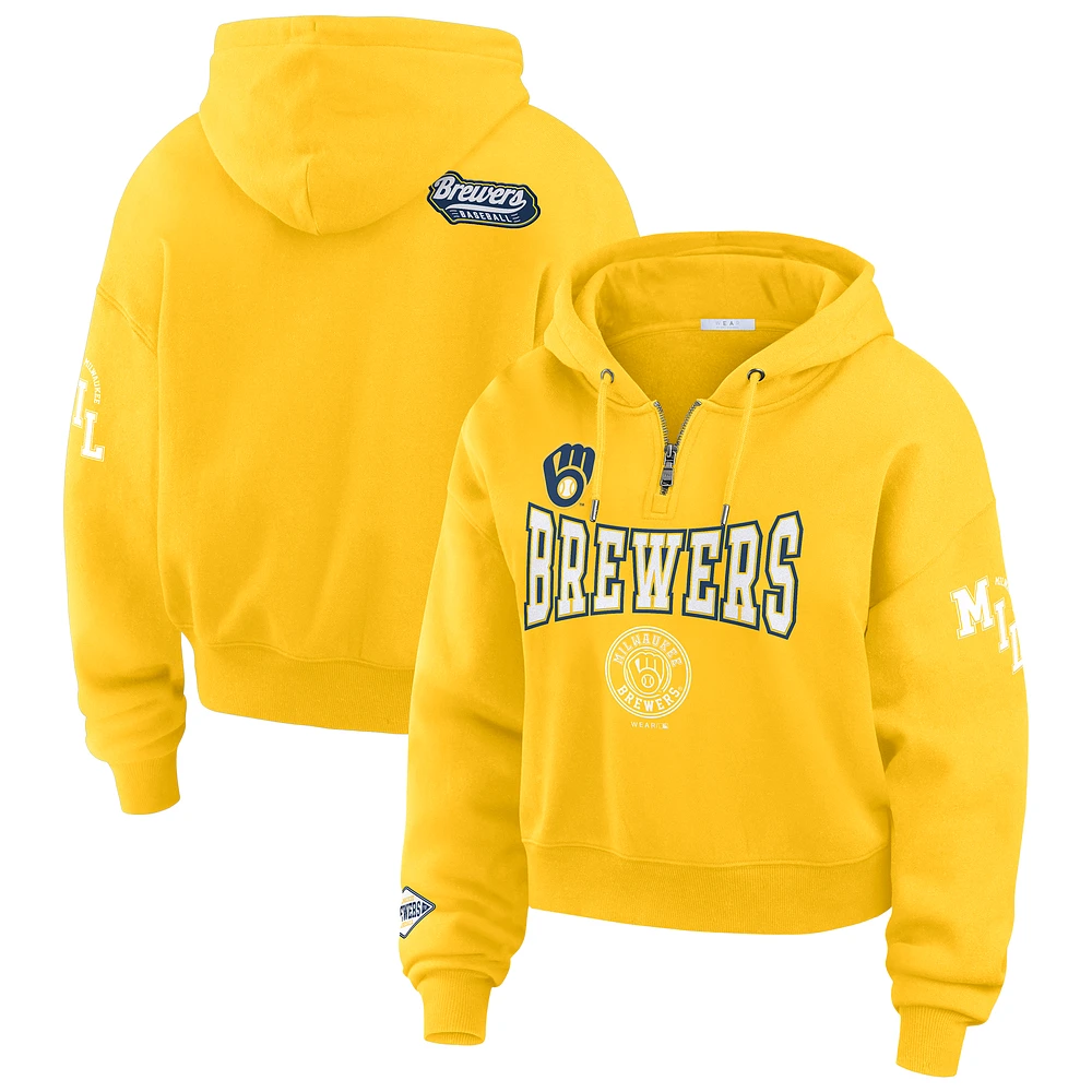 Women's WEAR by Erin Andrews Gold Milwaukee Brewers  Patch Quarter-Zip Hoodie