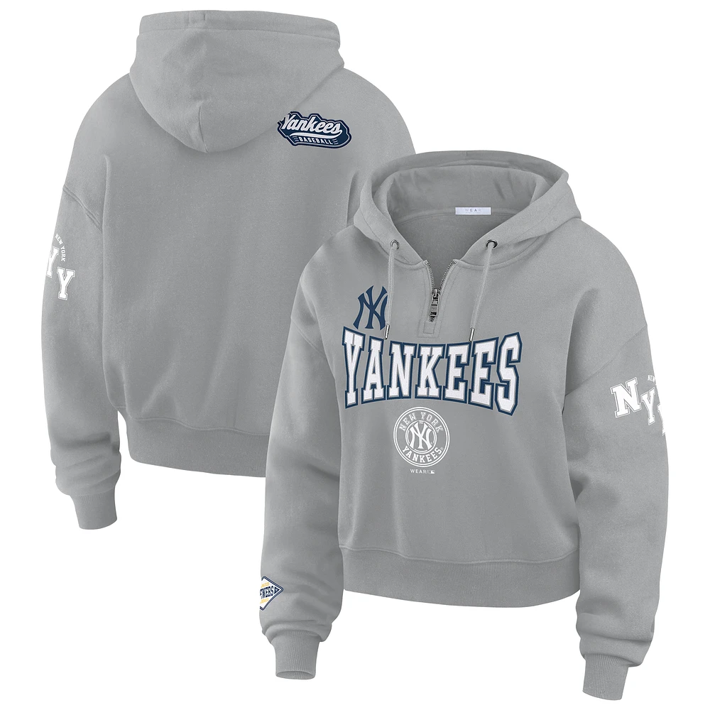 Women's WEAR by Erin Andrews Gray New York Yankees  Patch Quarter-Zip Hoodie