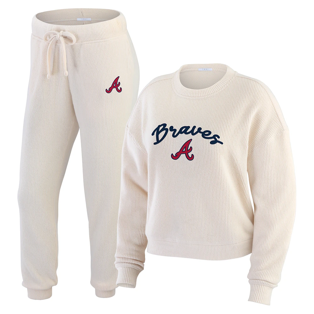 Women's WEAR by Erin Andrews  Oatmeal Atlanta Braves Plus Size Rib-Knit Long Sleeve T-Shirt & Pants Lounge Set