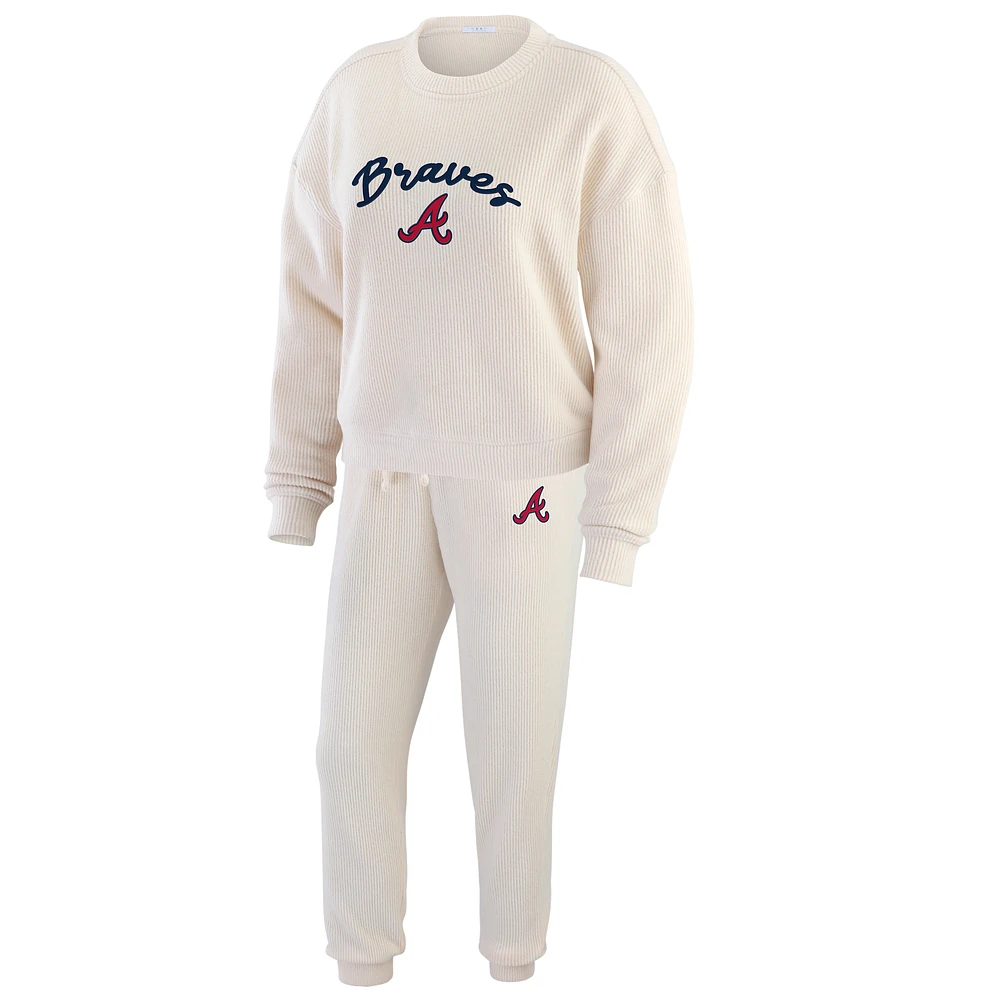 Women's WEAR by Erin Andrews  Oatmeal Atlanta Braves Plus Size Rib-Knit Long Sleeve T-Shirt & Pants Lounge Set