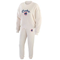 Women's WEAR by Erin Andrews  Oatmeal Chicago Cubs Plus Rib-Knit Long Sleeve T-Shirt & Pants Lounge Set