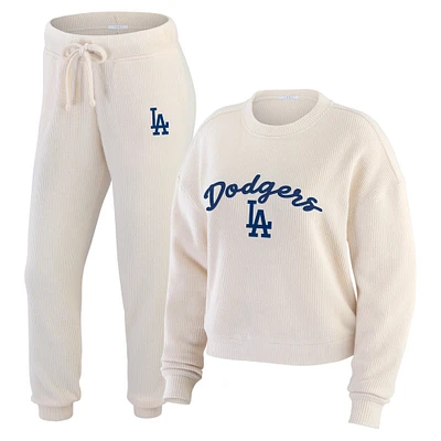 Women's WEAR by Erin Andrews  Oatmeal Los Angeles Dodgers Plus Size Rib-Knit Long Sleeve T-Shirt & Pants Lounge Set