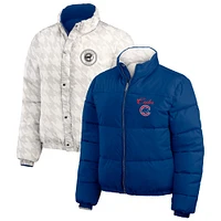 Women's WEAR by Erin Andrews  Royal/White Chicago Cubs Reversible Cropped Full-Zip Puffer Jacket