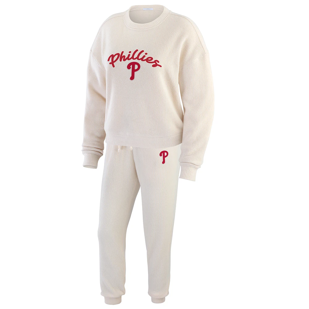 Women's WEAR by Erin Andrews  Oatmeal Philadelphia Phillies Rib-Knit Long Sleeve T-Shirt & Pants Lounge Set