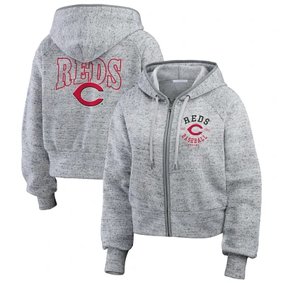 Women's WEAR by Erin Andrews  Heather Gray Cincinnati Reds Speckled Fleece Cropped Full-Zip Hoodie