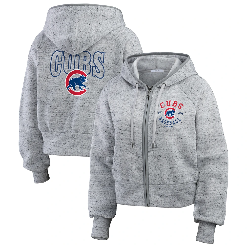 Women's WEAR by Erin Andrews  Heather Gray Chicago Cubs Speckled Fleece Cropped Full-Zip Hoodie