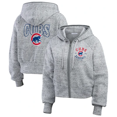 Women's WEAR by Erin Andrews  Heather Gray Chicago Cubs Speckled Fleece Cropped Full-Zip Hoodie