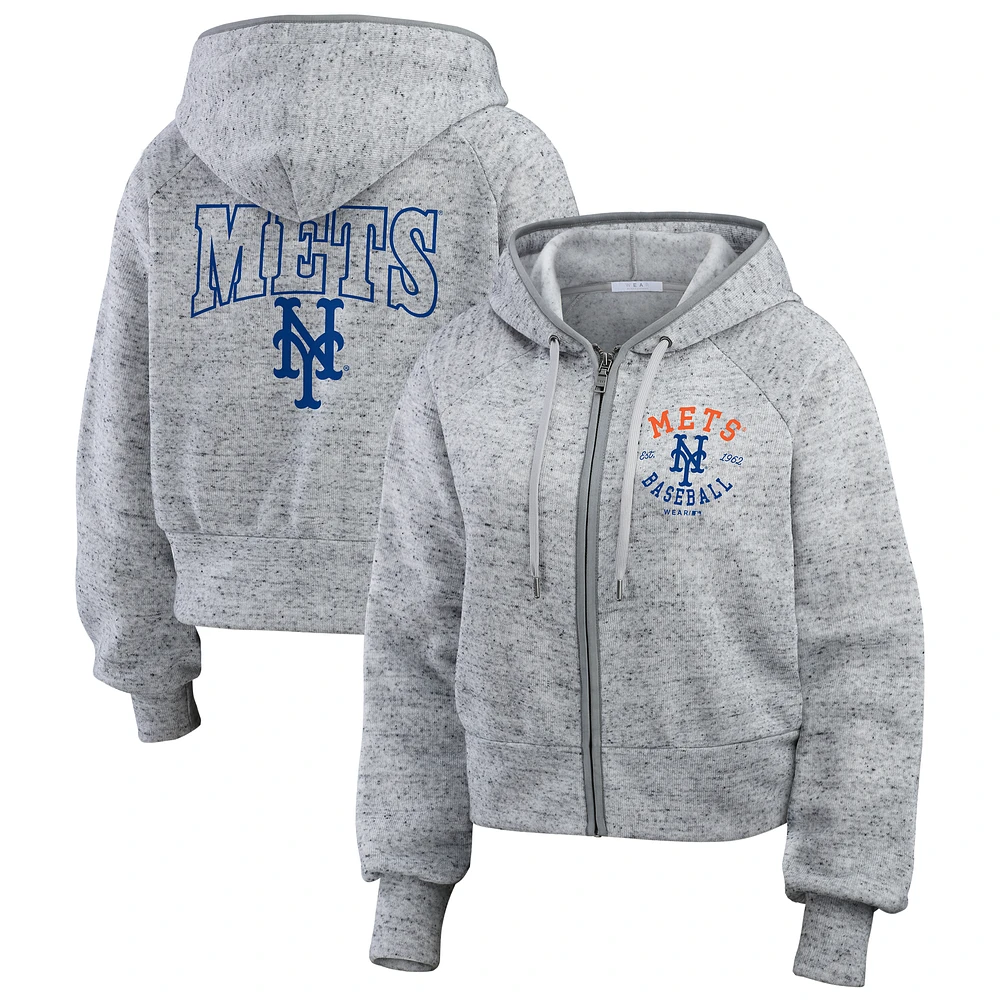 Women's WEAR by Erin Andrews  Heather Gray New York Mets Speckled Fleece Cropped Full-Zip Hoodie