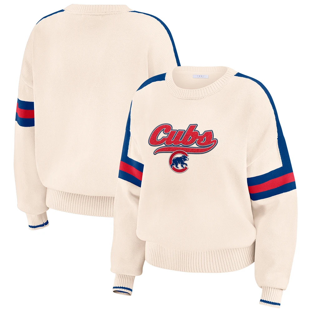 Women's WEAR by Erin Andrews  Cream Chicago Cubs Stripe Pullover Sweater