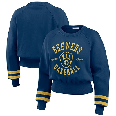 Women's WEAR by Erin Andrews  Navy Milwaukee Brewers Vintage Washed Cropped Pullover Sweatshirt