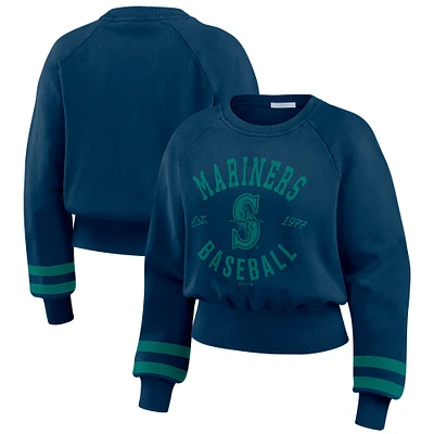 Women's WEAR by Erin Andrews  Navy Seattle Mariners Vintage Washed Cropped Pullover Sweatshirt