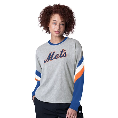 Women's Starter Heather Gray New York Mets Triple A Fashion Color Block Long Sleeve Top