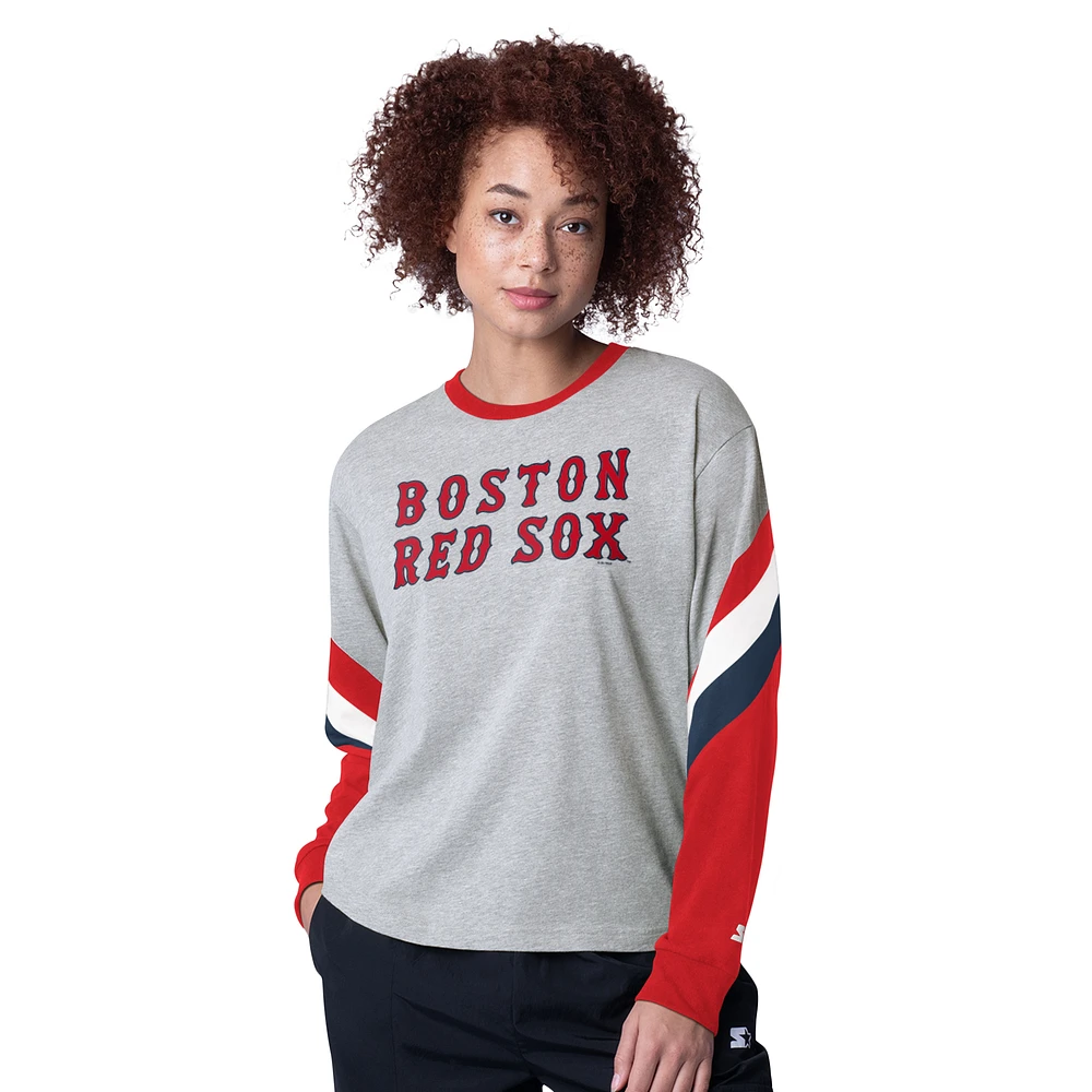 Women's Starter Heather Gray Boston Red Sox Triple A Fashion Color Block Long Sleeve Top