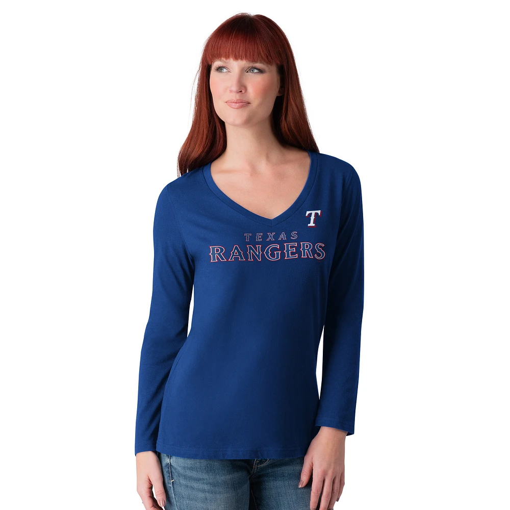 Women's G-III 4Her by Carl Banks Royal Texas Rangers Post Season Long Sleeve V-Neck T-Shirt