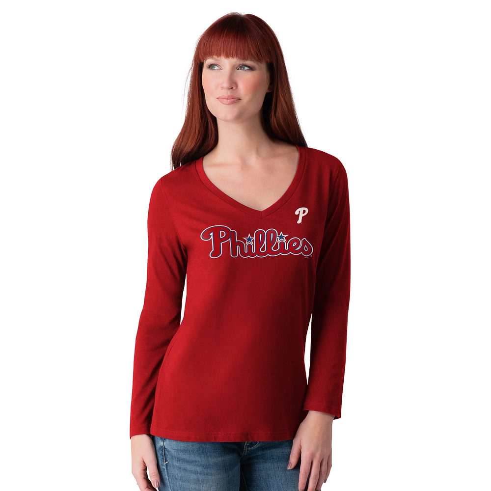 Women's G-III 4Her by Carl Banks Red Philadelphia Phillies Post Season Long Sleeve V-Neck T-Shirt