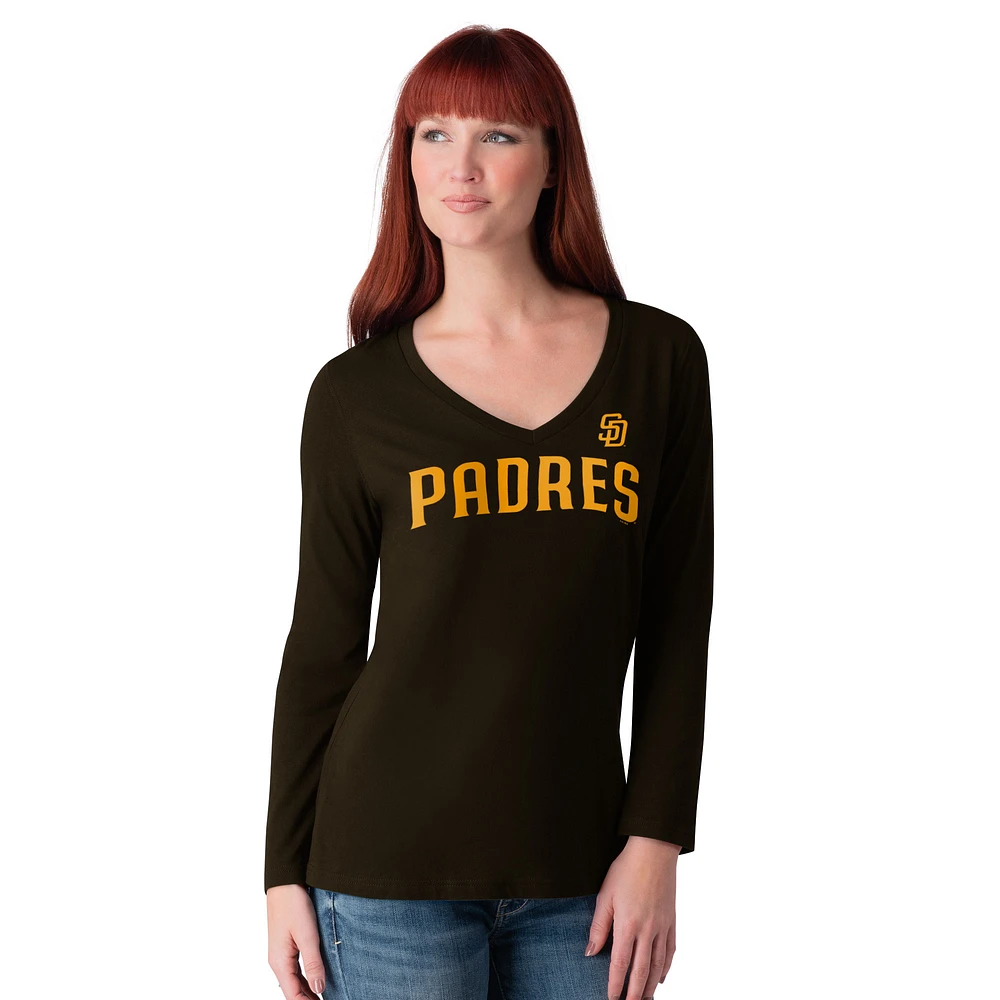 Women's G-III 4Her by Carl Banks Brown San Diego Padres Post Season Long Sleeve V-Neck T-Shirt