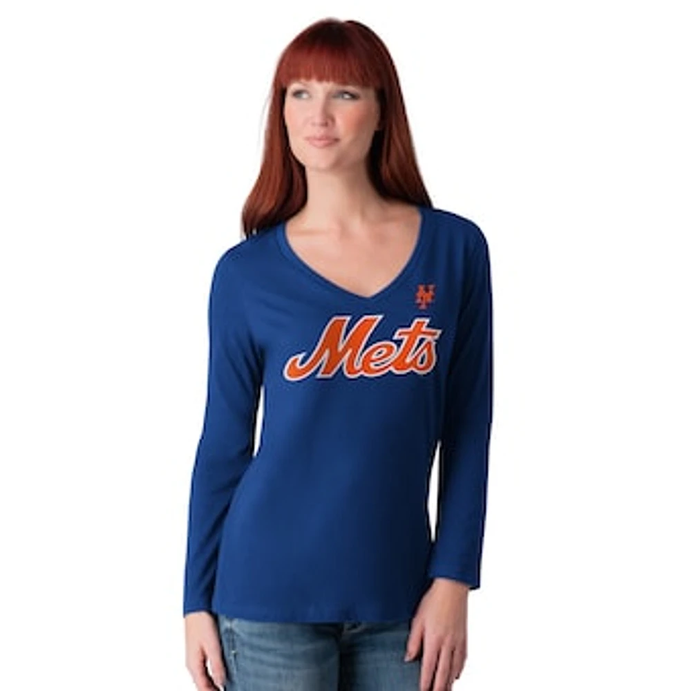 Women's G-III 4Her by Carl Banks Royal New York Mets Post Season Long Sleeve V-Neck T-Shirt