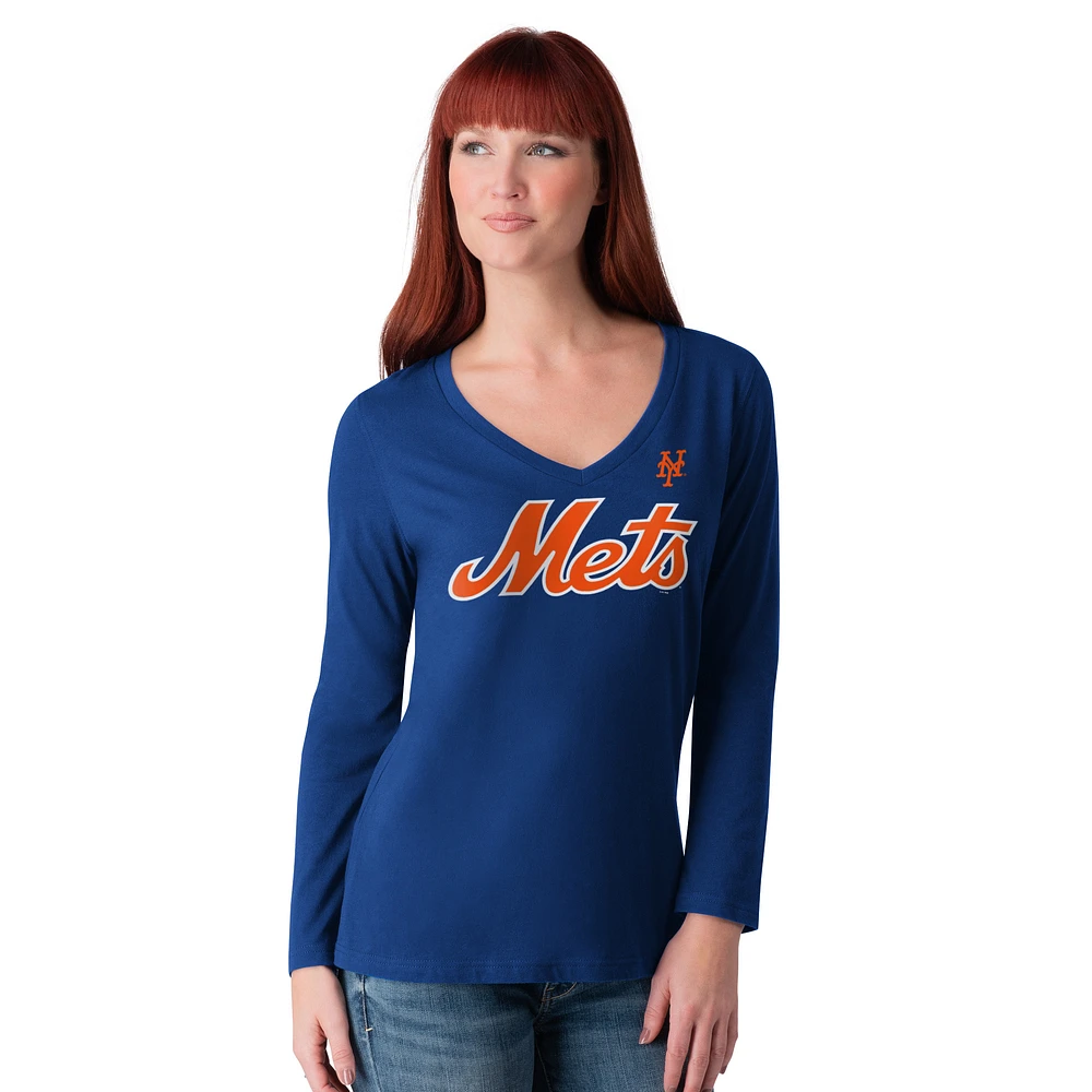 Women's G-III 4Her by Carl Banks Royal New York Mets Post Season Long Sleeve V-Neck T-Shirt