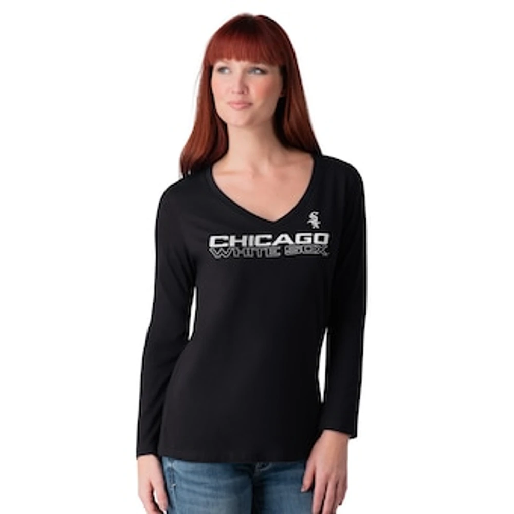 Women's G-III 4Her by Carl Banks Black Chicago White Sox Post Season Long Sleeve V-Neck T-Shirt