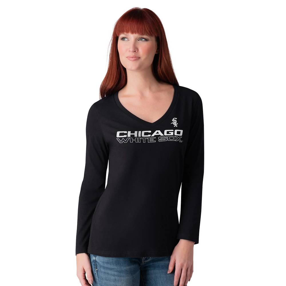 Women's G-III 4Her by Carl Banks Black Chicago White Sox Post Season Long Sleeve V-Neck T-Shirt