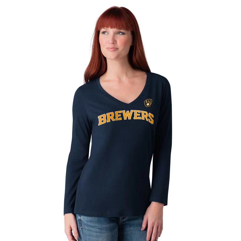 Women's G-III 4Her by Carl Banks Navy Milwaukee Brewers Post Season Long Sleeve V-Neck T-Shirt