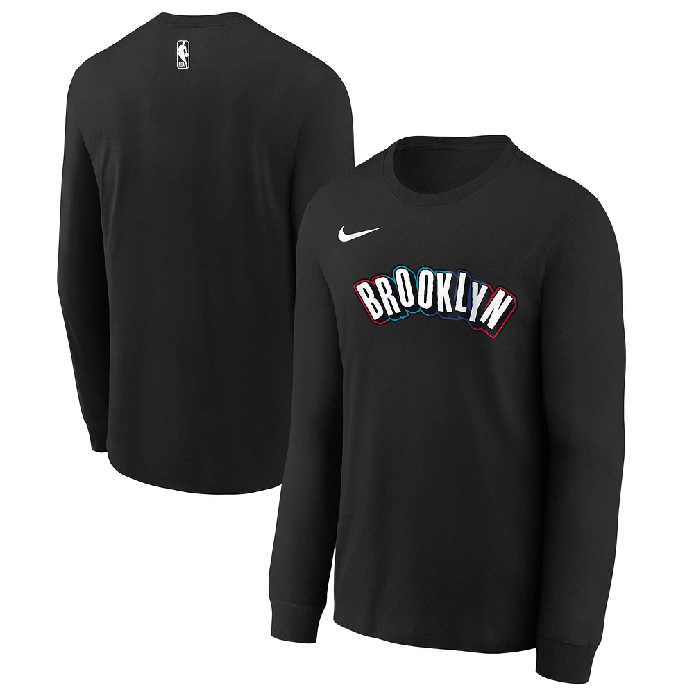 Youth Nike  Black Brooklyn Nets 2024/25 City Edition Wordmark Performance Long Sleeve T-Shirt