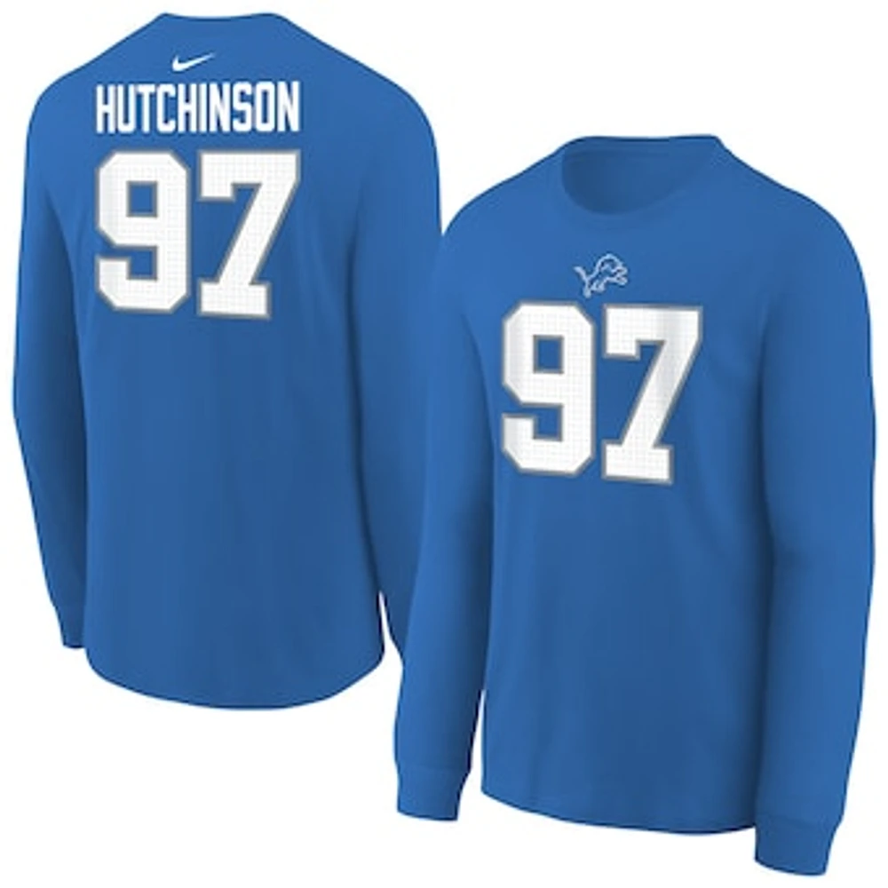 Youth Nike Aidan Hutchinson Blue Detroit Lions Player Name & Number Long Sleeve T-Shirt