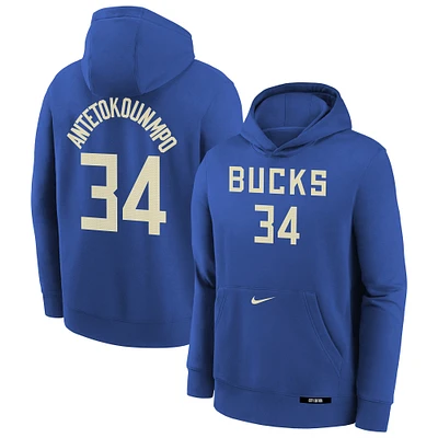 Youth Nike Giannis Antetokounmpo Royal Milwaukee Bucks 2024/25 City Edition Name & Number Pullover Hoodie