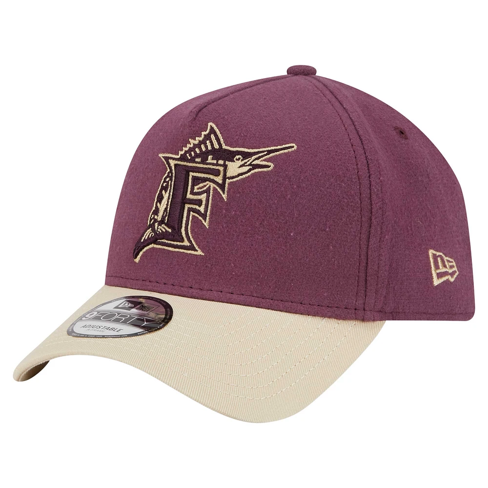 Men's New Era Maroon Florida Marlins Cooperstown Collection Moleskin A-Frame 9FORTY Adjustable Hat