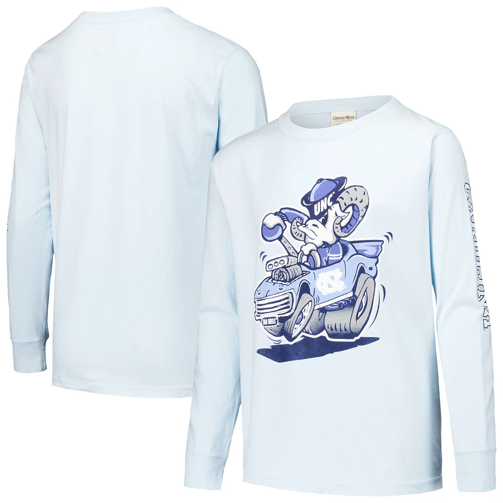 Youth ComfortWash Carolina Blue North Tar Heels Mascot Race Car Long Sleeve T-Shirt