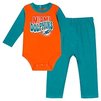 Infant Aqua Miami Dolphins Double Up Long Sleeve Bodysuit and Pants Set