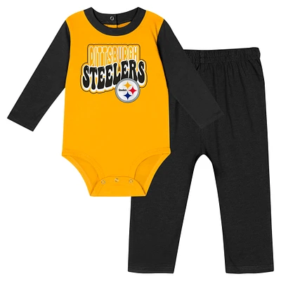 Infant Black Pittsburgh Steelers Double Up Long Sleeve Bodysuit and Pants Set