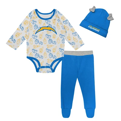 Newborn & Infant Los Angeles Chargers Little Champ Long Sleeve Bodysuit, Pants Cuffed Knit Hat 3-Piece Set