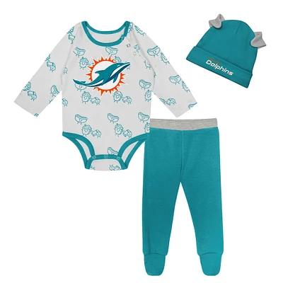 Newborn & Infant Miami Dolphins Little Champ Long Sleeve Bodysuit, Pants Cuffed Knit Hat 3-Piece Set