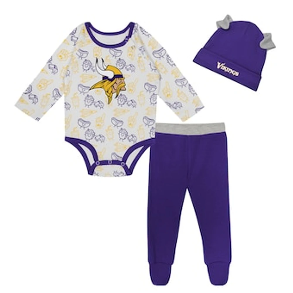 Newborn & Infant Minnesota Vikings Little Champ Long Sleeve Bodysuit, Pants Cuffed Knit Hat 3-Piece Set