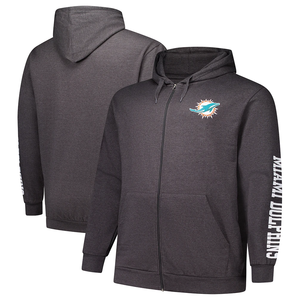 Men's Fanatics  Heather Charcoal Miami Dolphins Big & Tall Full-Zip Hoodie