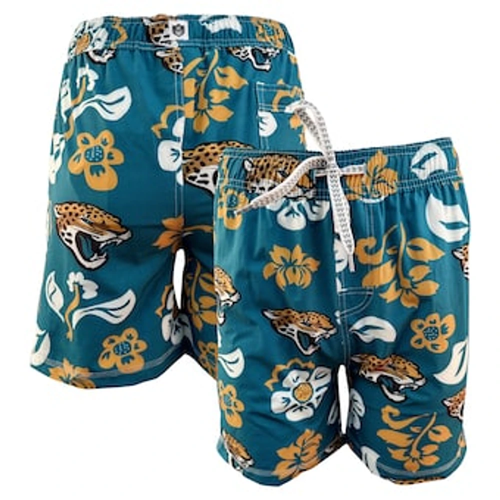 Youth Wes & Willy Teal Jacksonville Jaguars Floral Volley Swim Trunks