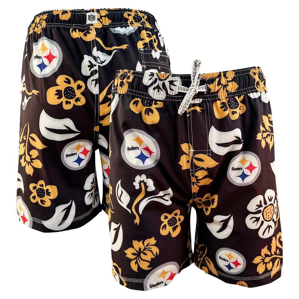 Youth Wes & Willy Black Pittsburgh Steelers Floral Volley Swim Trunks