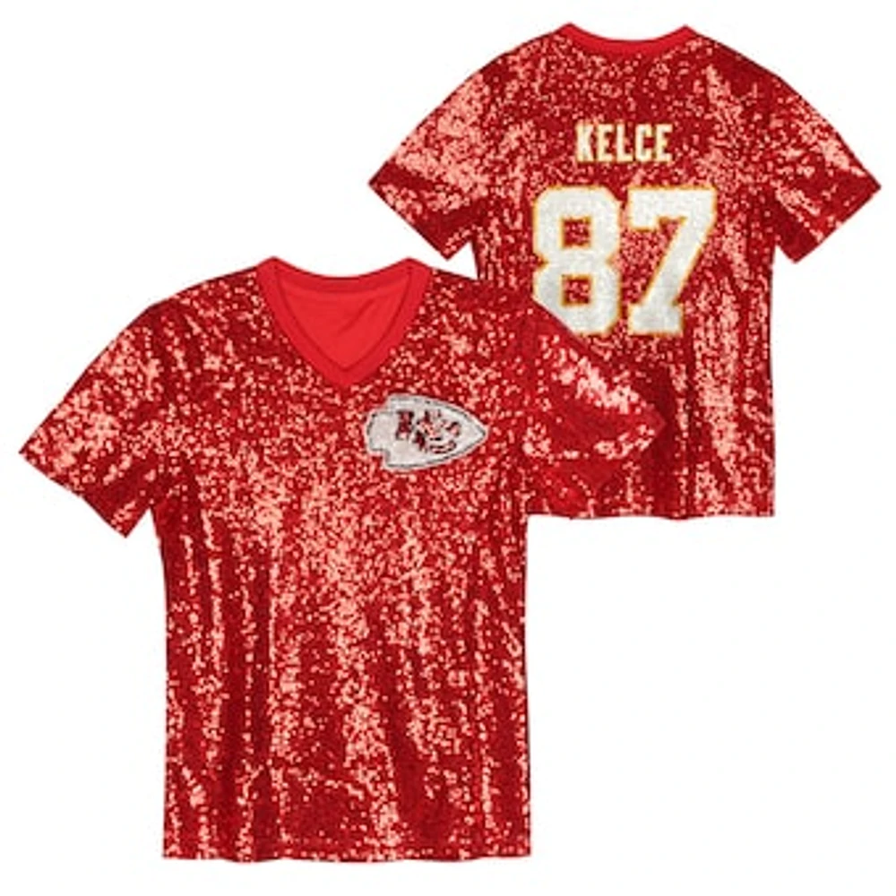 Women's Travis Kelce Red Kansas City Chiefs Player Name & Number V-Neck Fashion Jersey