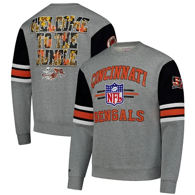 Men's Mitchell & Ness Heather Gray Cincinnati Bengals All Over 4.0 Vintage Logo Pullover Sweatshirt