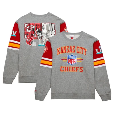 Men's Mitchell & Ness Heather Gray Kansas City Chiefs All Over 4.0 Vintage Logo Pullover Sweatshirt