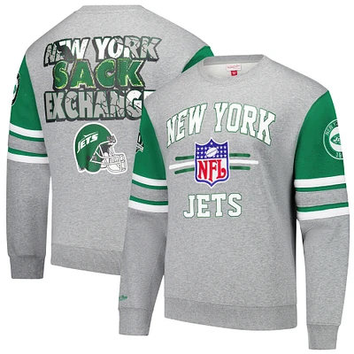 Men's Mitchell & Ness Heather Gray New York Jets All Over 4.0 Vintage Logo Pullover Sweatshirt