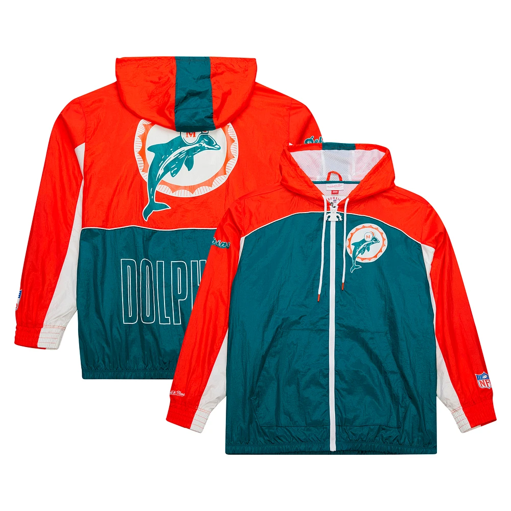 Men's Mitchell & Ness White Miami Dolphins Big Shot Premium Full-Zip Windbreaker