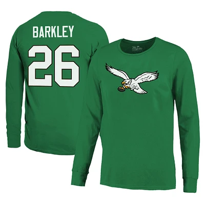 Men's Majestic Threads Saquon Barkley Kelly Green Philadelphia Eagles Name & Number Long Sleeve T-Shirt