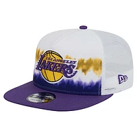 Men's New Era White/Purple Los Angeles Lakers Dip-Dye 9FIFTY A-Frame Trucker Snapback Hat